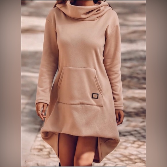 Hooded Solid Sweatshirt Dress. Color: Khaki Size: XL - Picture 3 of 9